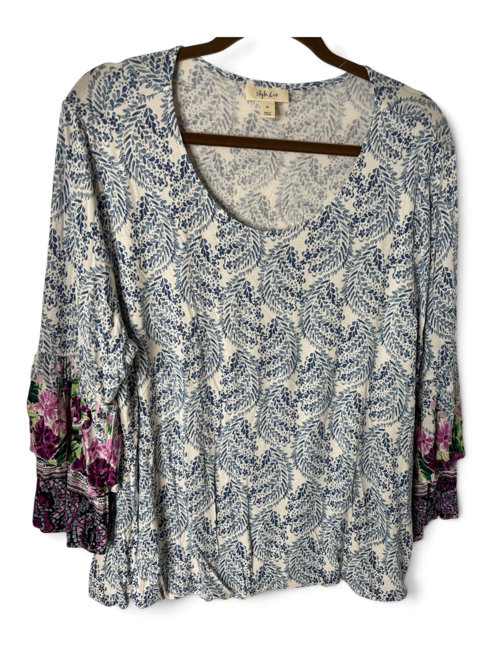 Style & Co. Women's Blue Floral Scoop Neck Blouse with Full Sleeve SZ XL